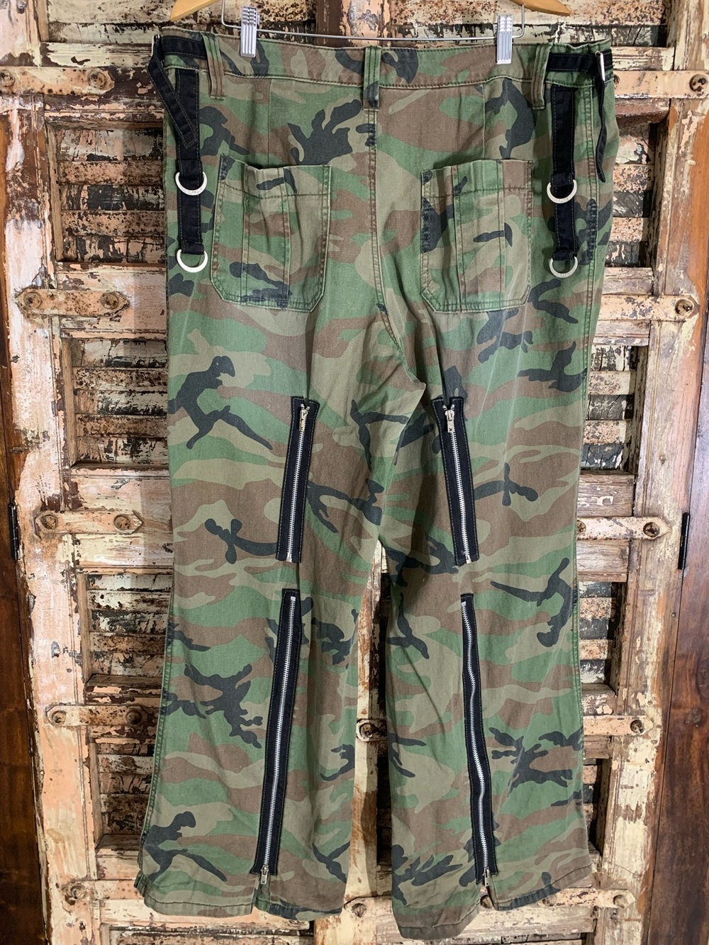 Tripp NYC Peace Camo Cargo Wide Flare Pants, Zippers, Olive Grunge 18 - Picture 2 of 16